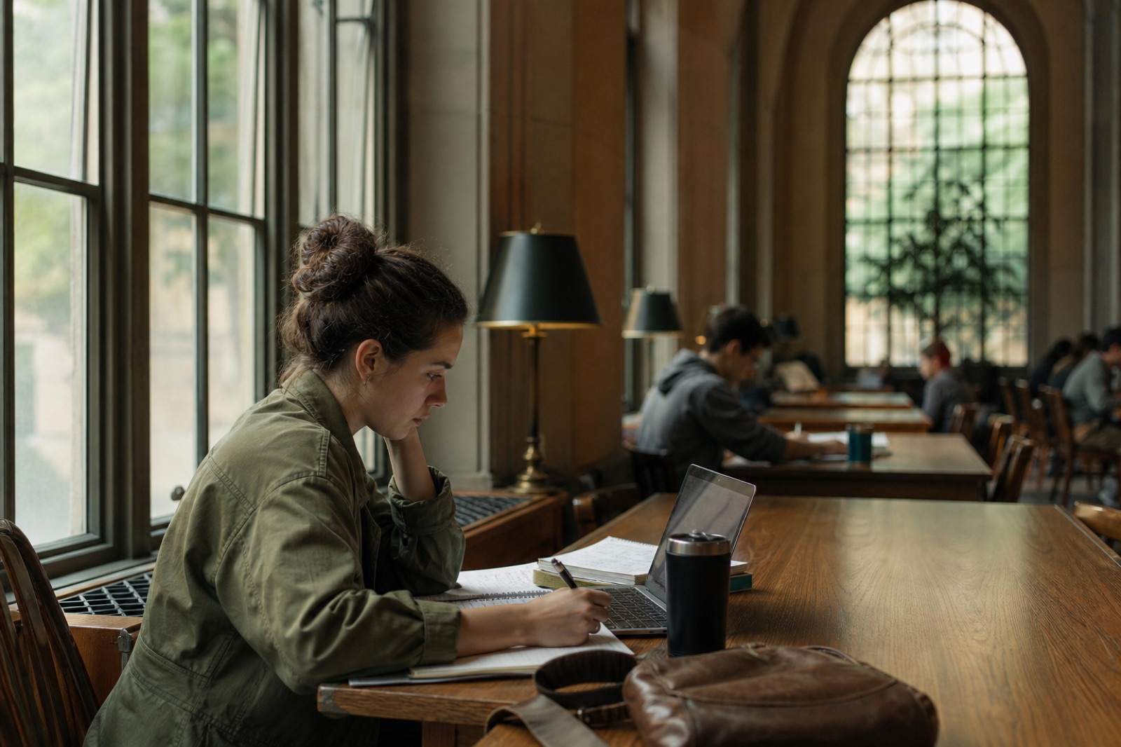 A student studying with a laptop in a sunlit library