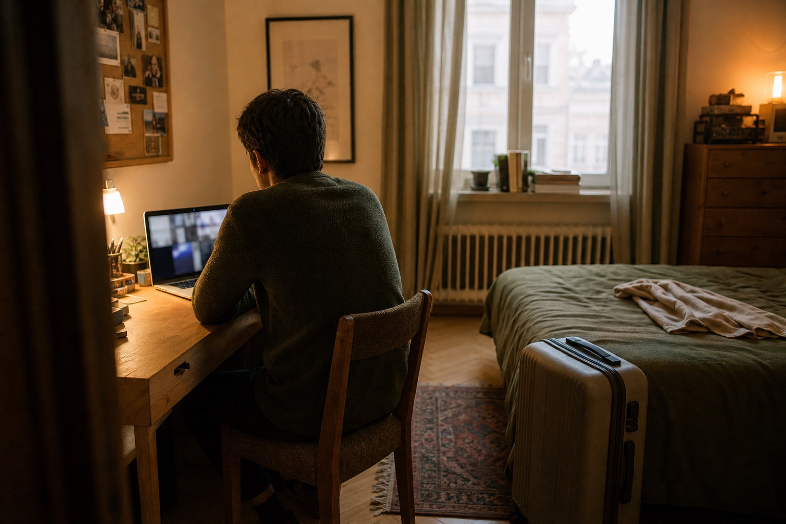 A person using a laptop beside a suitcase in a warmly lit room