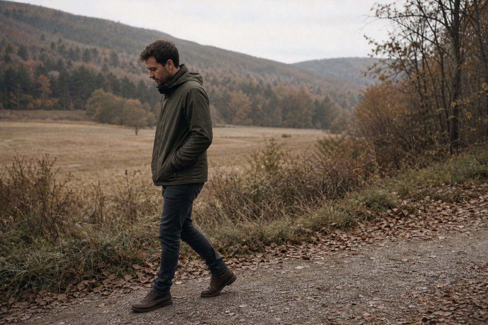 A man walking along a quiet autumn trail