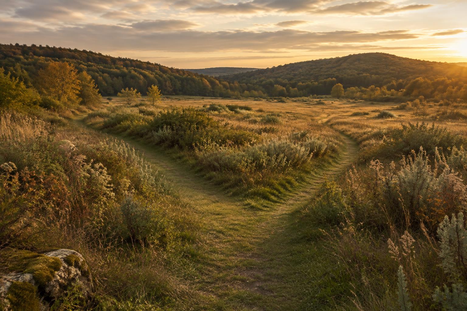 An illustrative meadow with two grassy paths in warm evening light