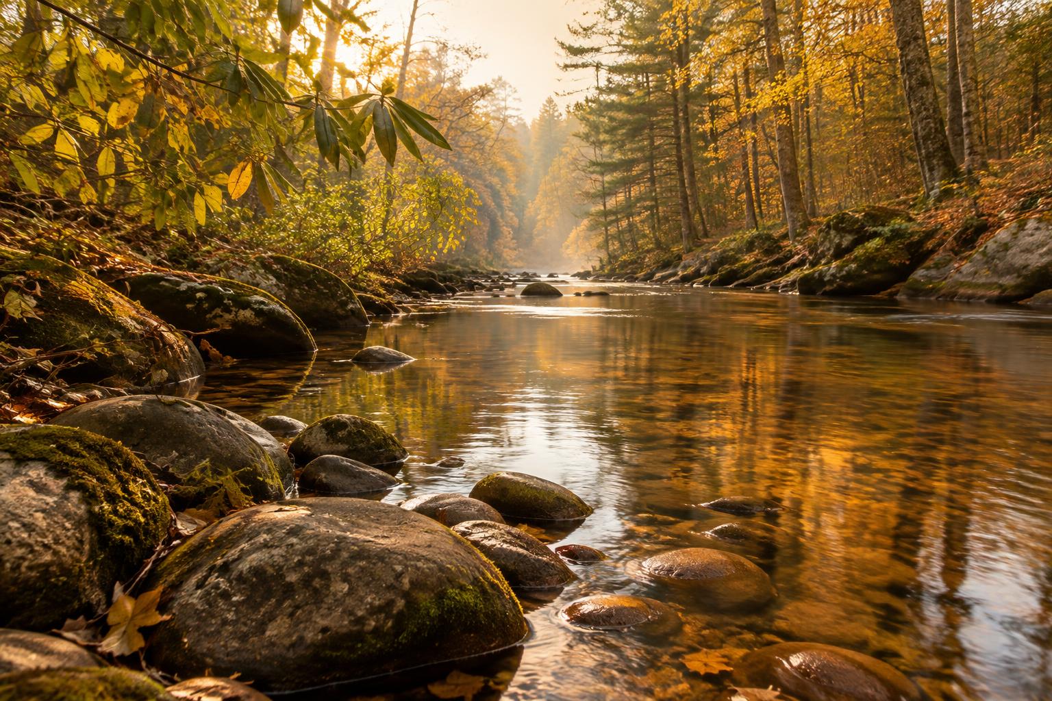 An illustrative autumn stream flowing over smooth stones
