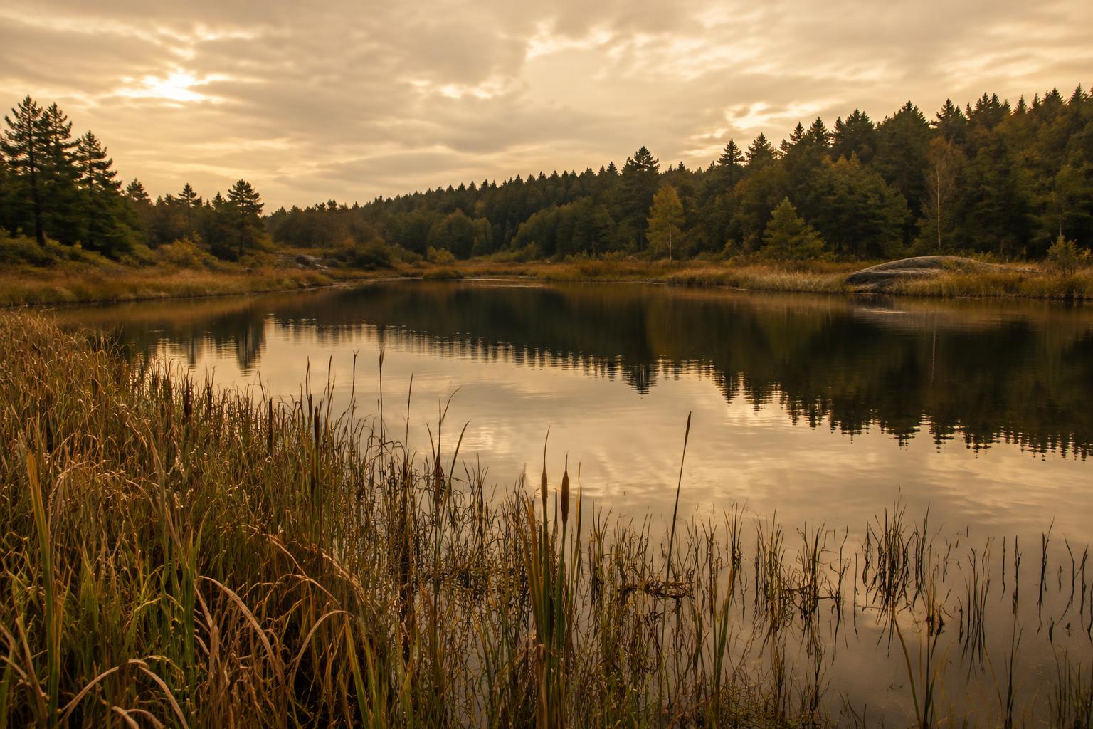 An illustrative pond with reeds and soft autumn reflections
