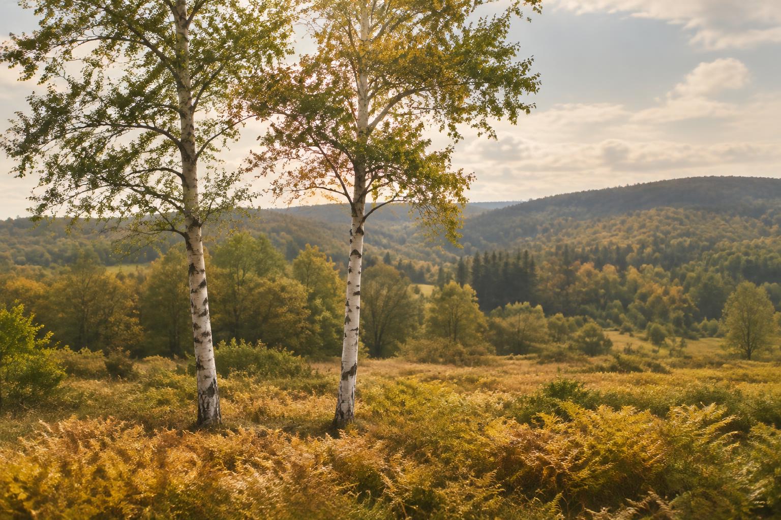 An illustrative pair of birch trees beside a golden meadow