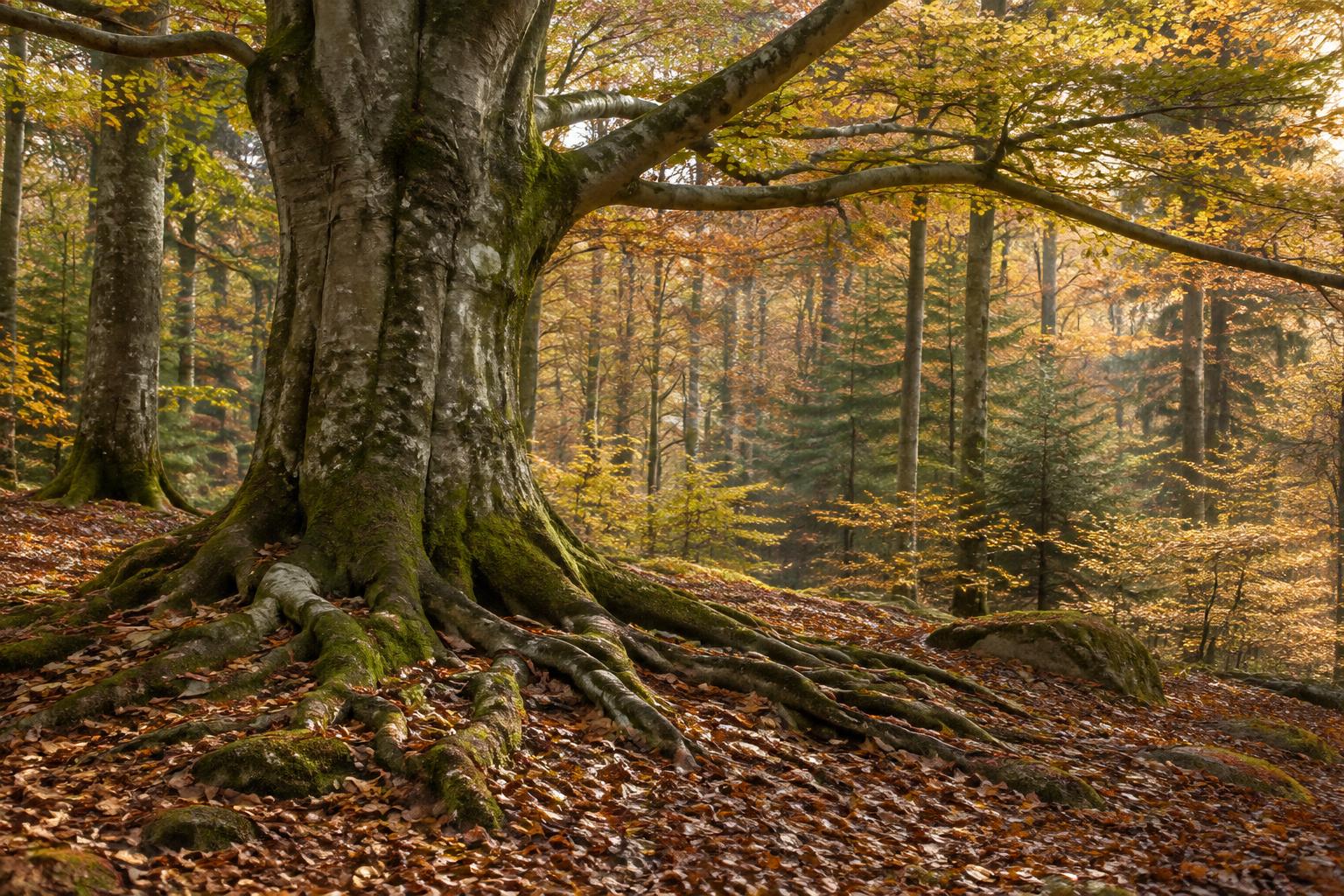An illustrative beech tree with branching roots in autumn woods