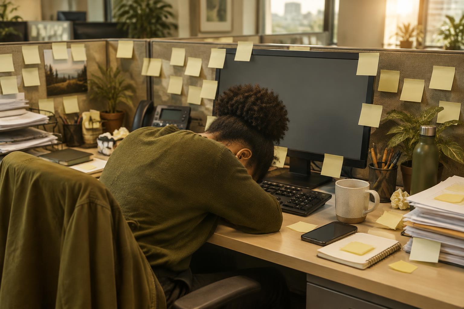 A person viewed from behind with their head down at a cubicle desk surrounded by blank sticky notes