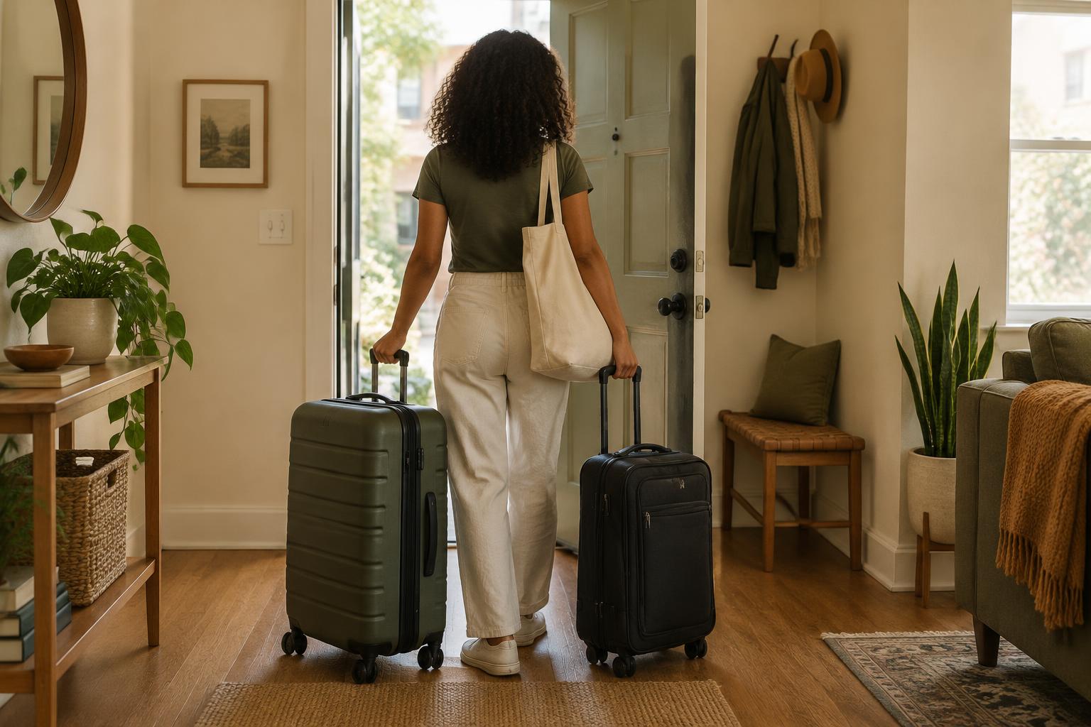 A person viewed from behind standing in an apartment doorway with two suitcases