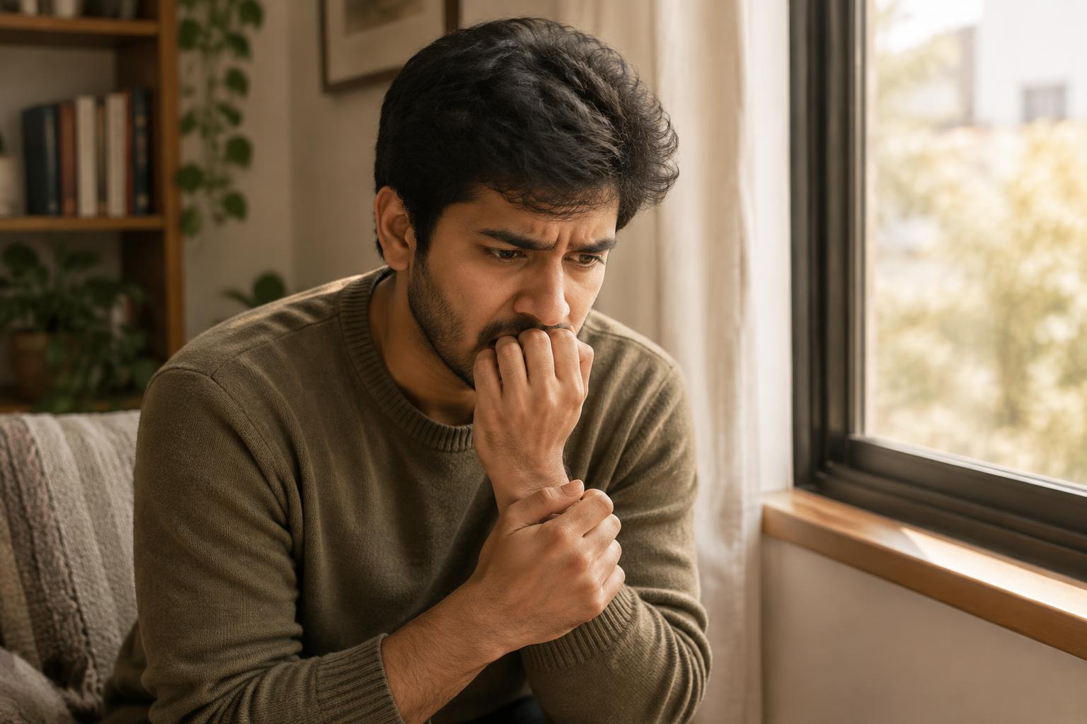 A worried person looking down and biting their nails beside a window