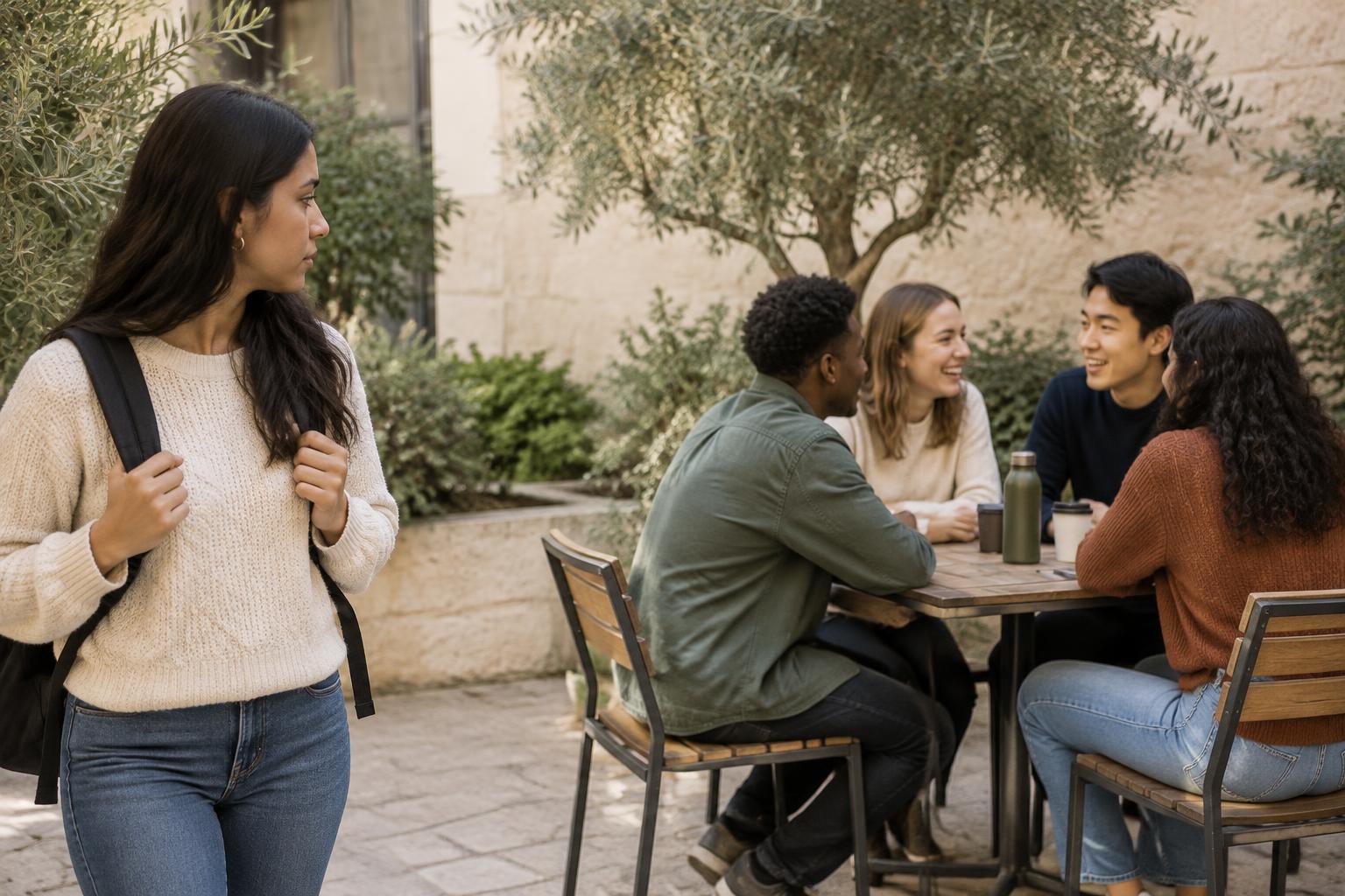 A person standing apart and looking toward a group talking at a courtyard table