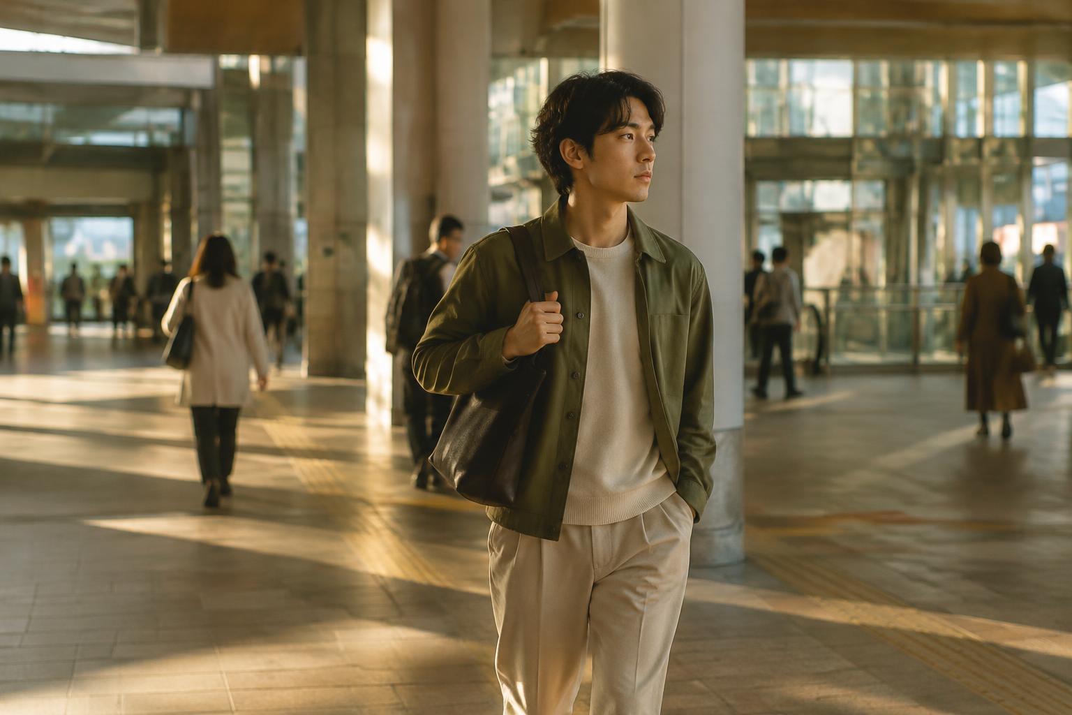 A young professional carrying a shoulder bag through a sunlit station