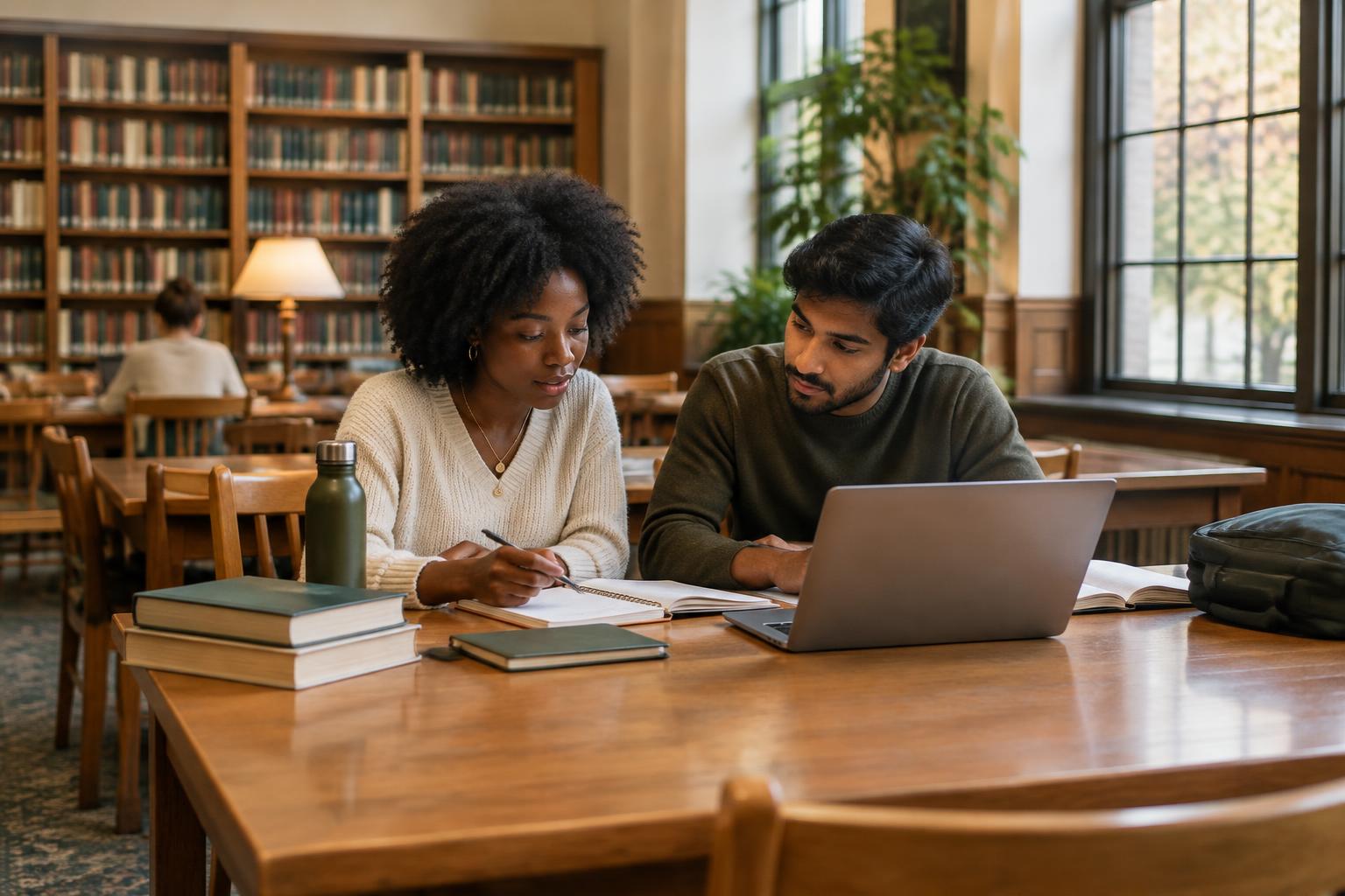 Two students working together with notebooks and a laptop in a sunlit library