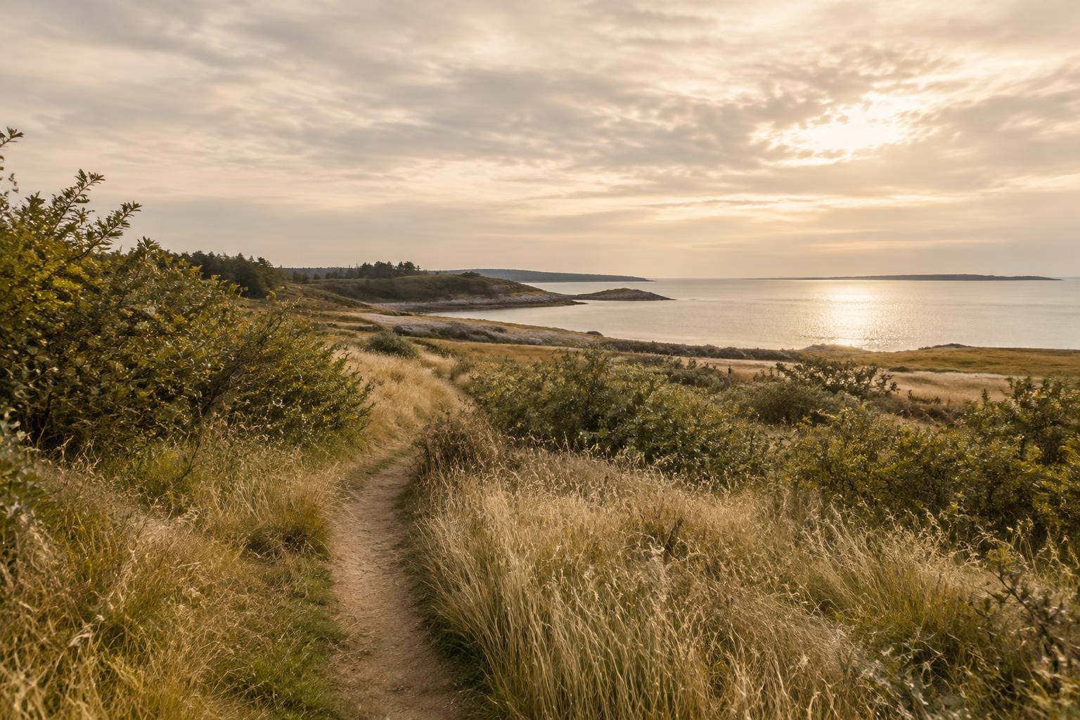 Pale grasses along a coastal meadow path under warm light
