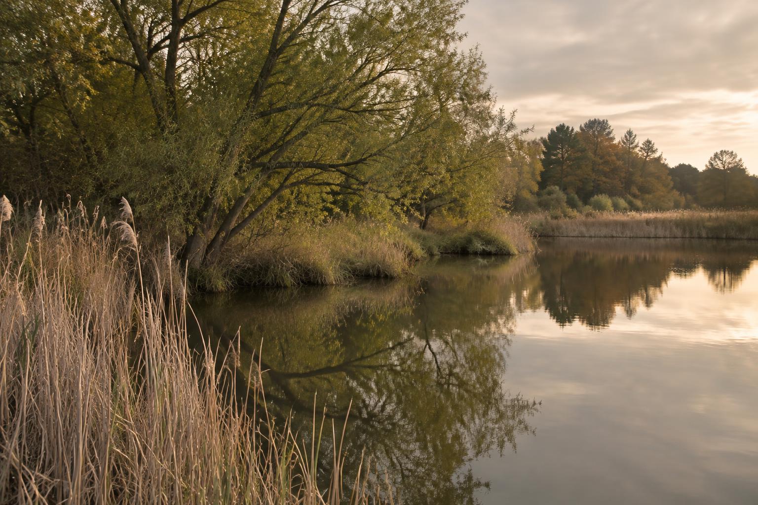 Still pond with reeds and willow trees