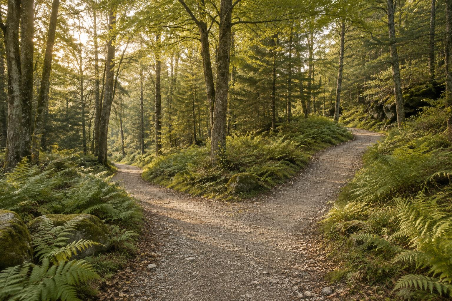 Two gravel paths branching among woodland ferns