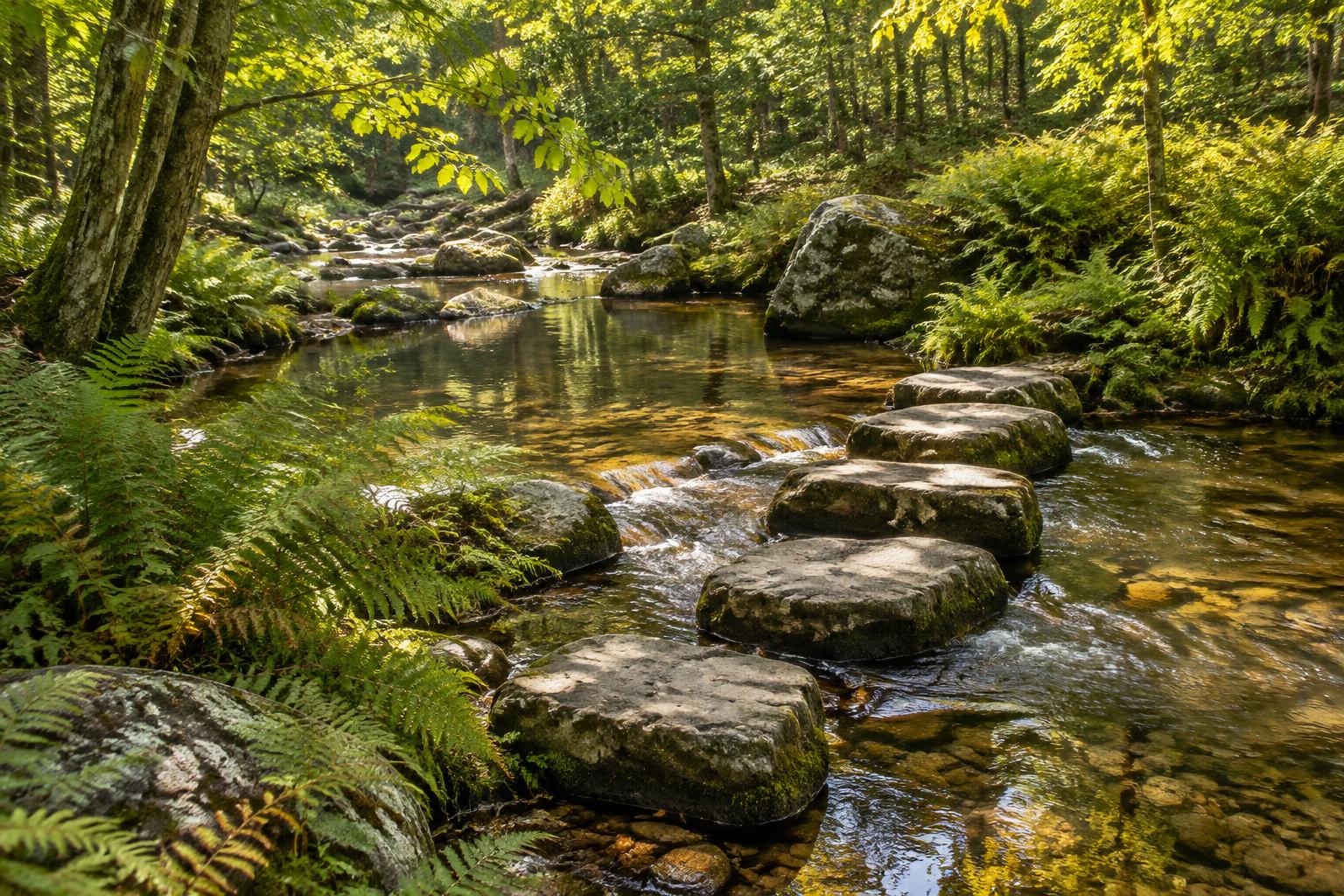 Stepping stones beside ferns in a shallow woodland stream