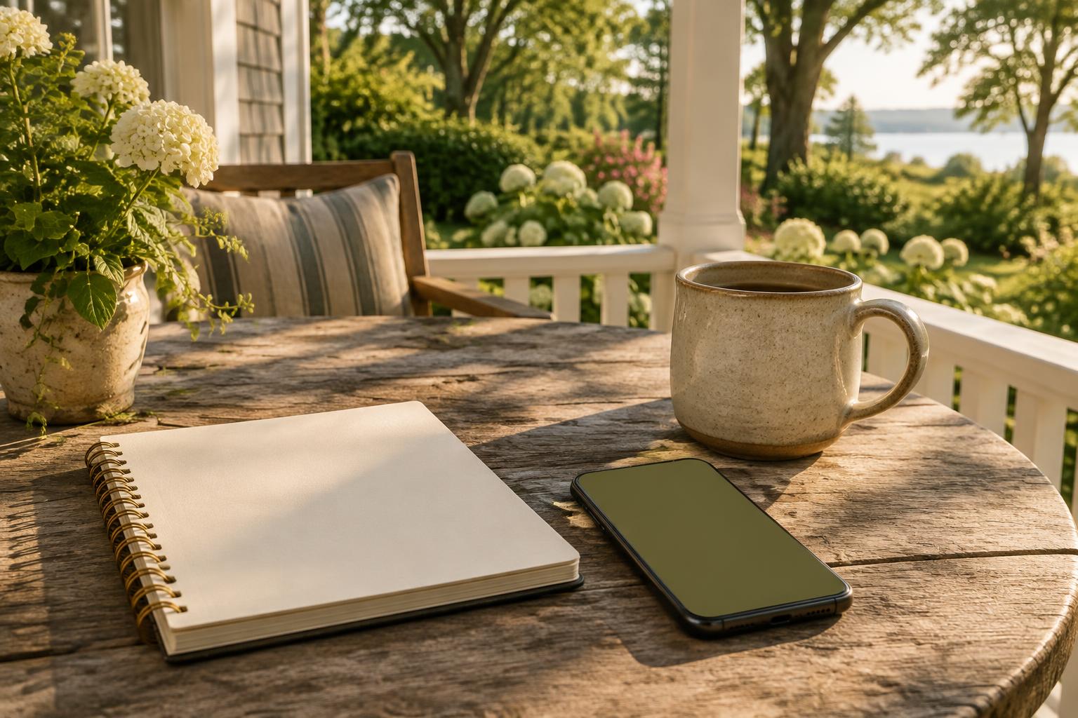 Blank notepad and phone beside a ceramic cup on a porch table
