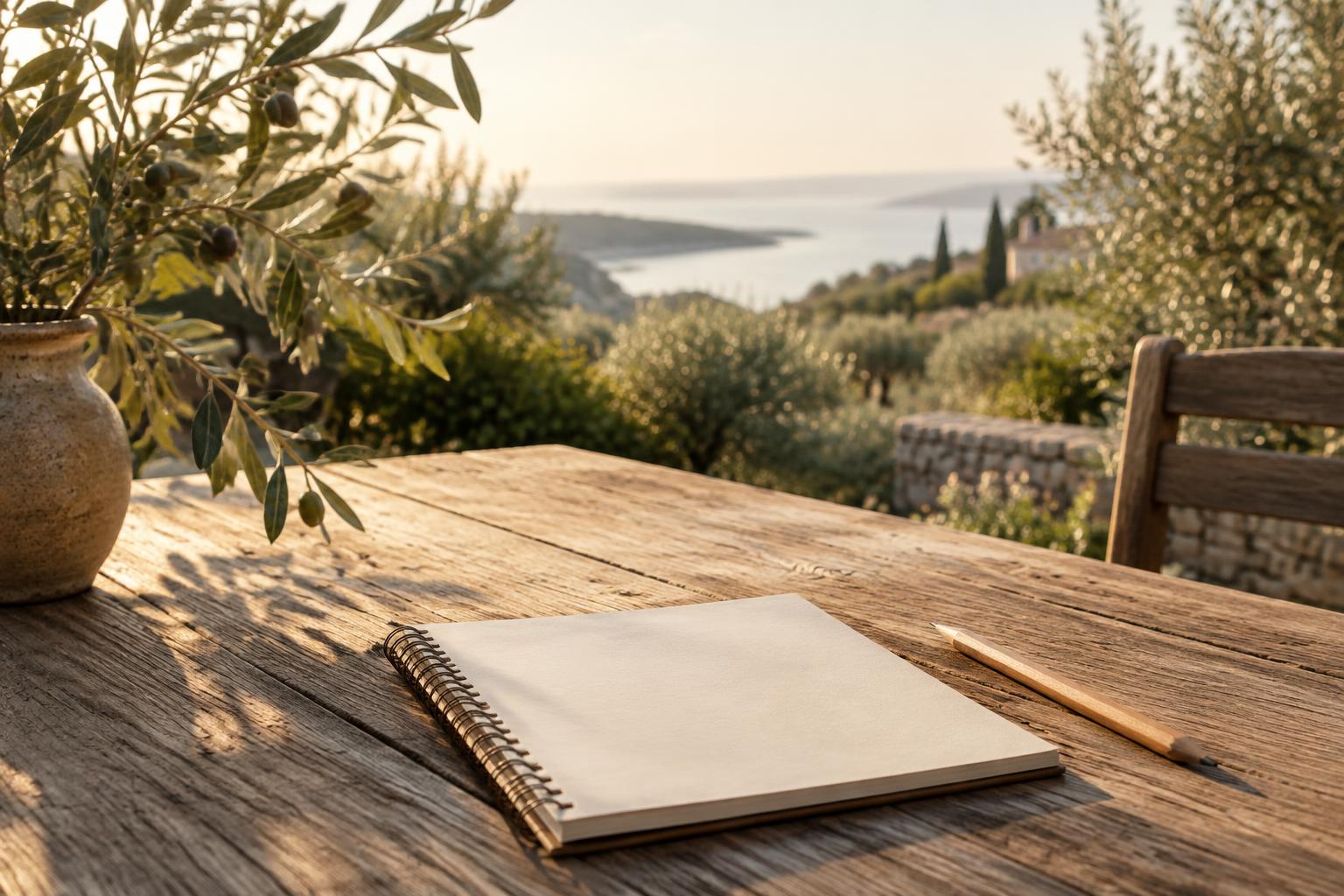 Blank notebook and pencil on a warm wooden outdoor table