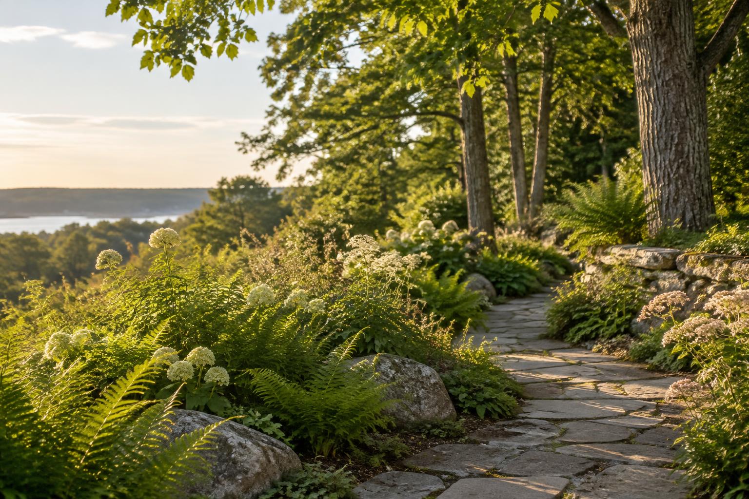 Stone garden path between ferns and flowers