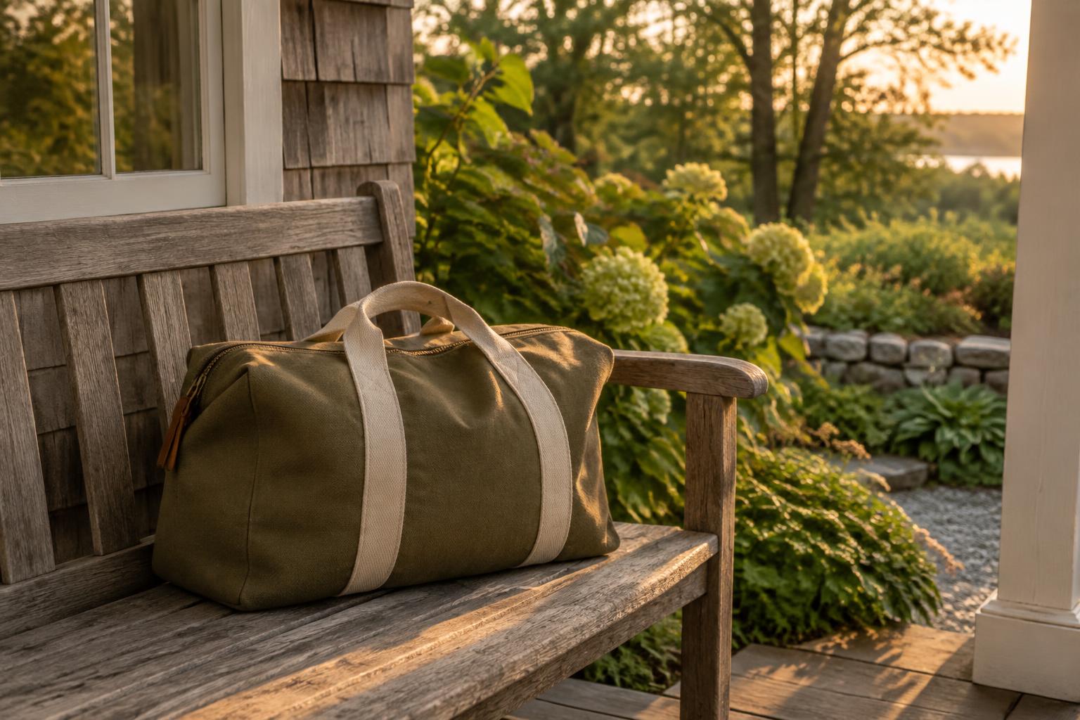 Canvas work bag resting on a sunlit porch bench