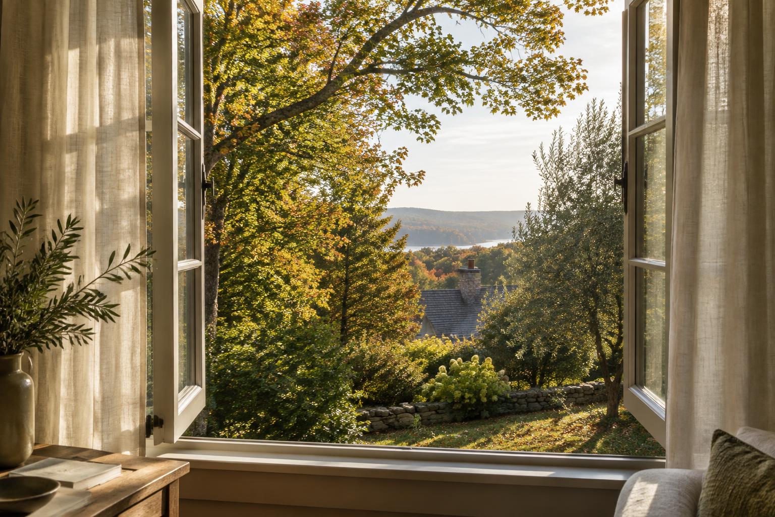 Autumn trees viewed through an open window