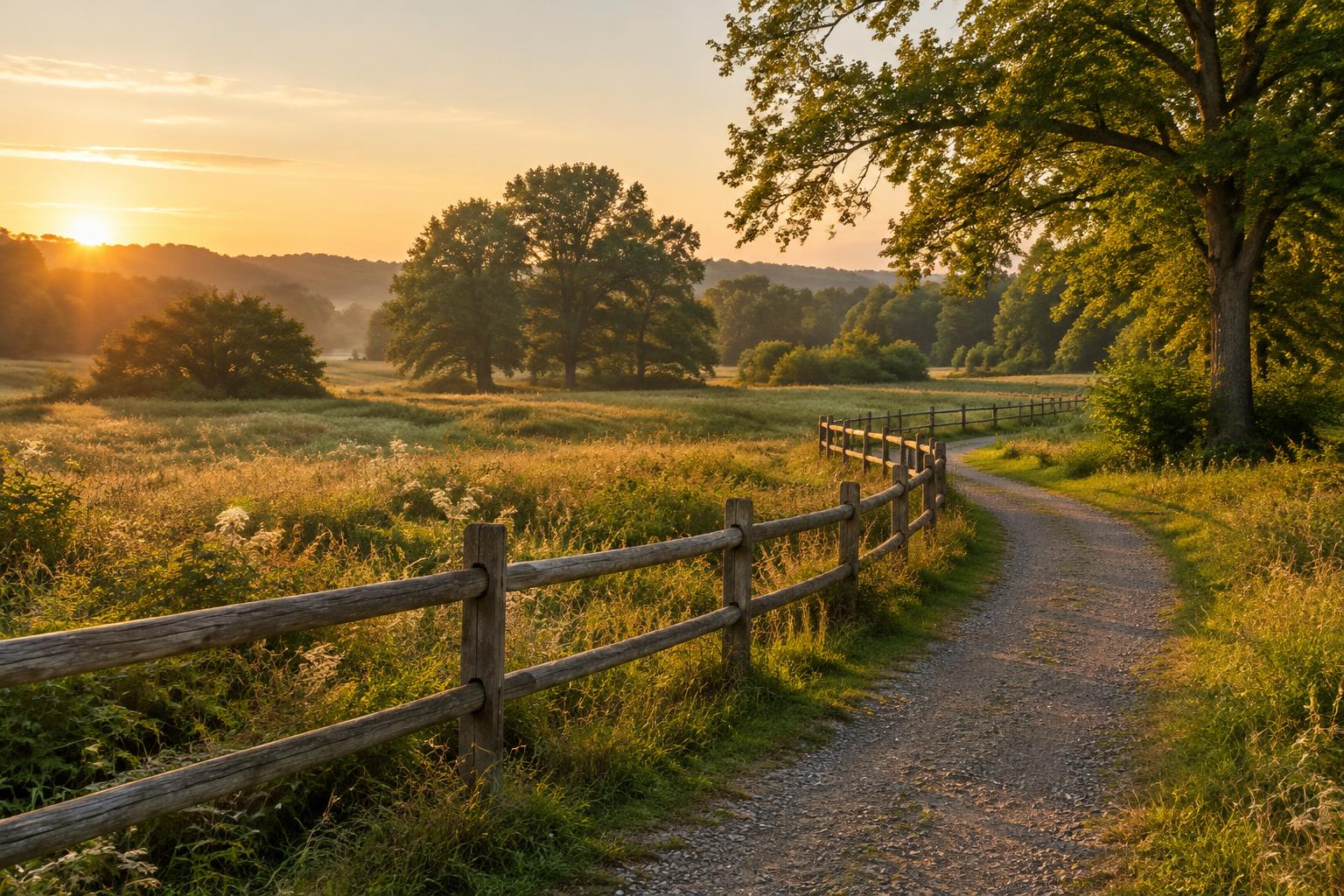 Gravel path beside a wooden meadow fence