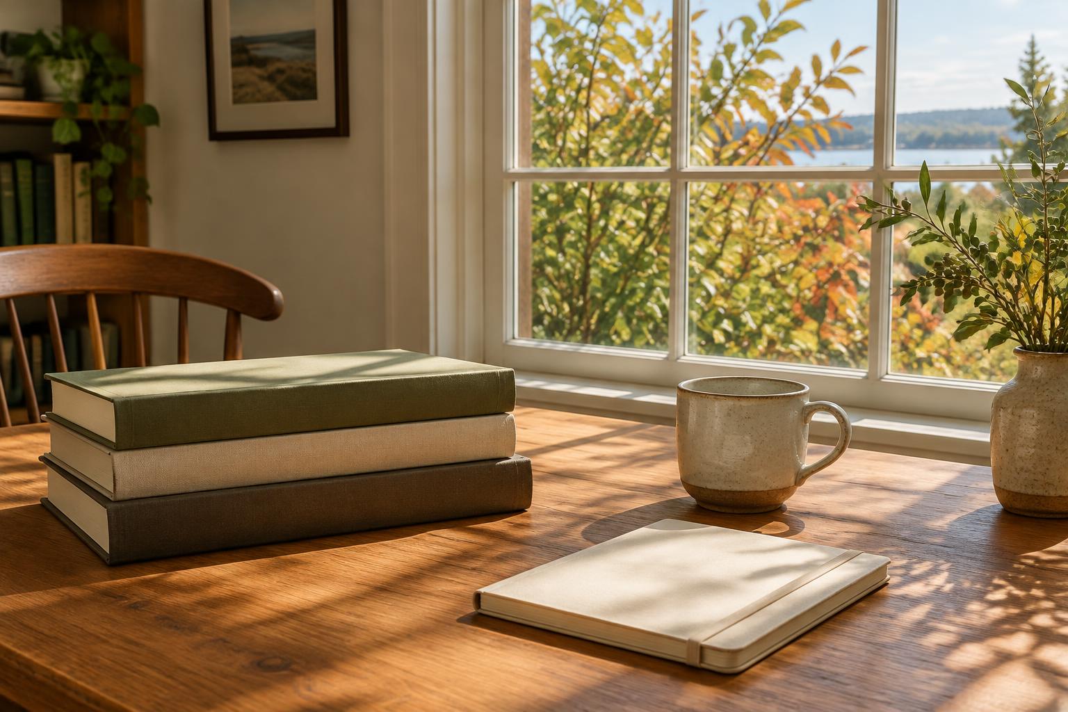 Closed books and a cup near an autumn window