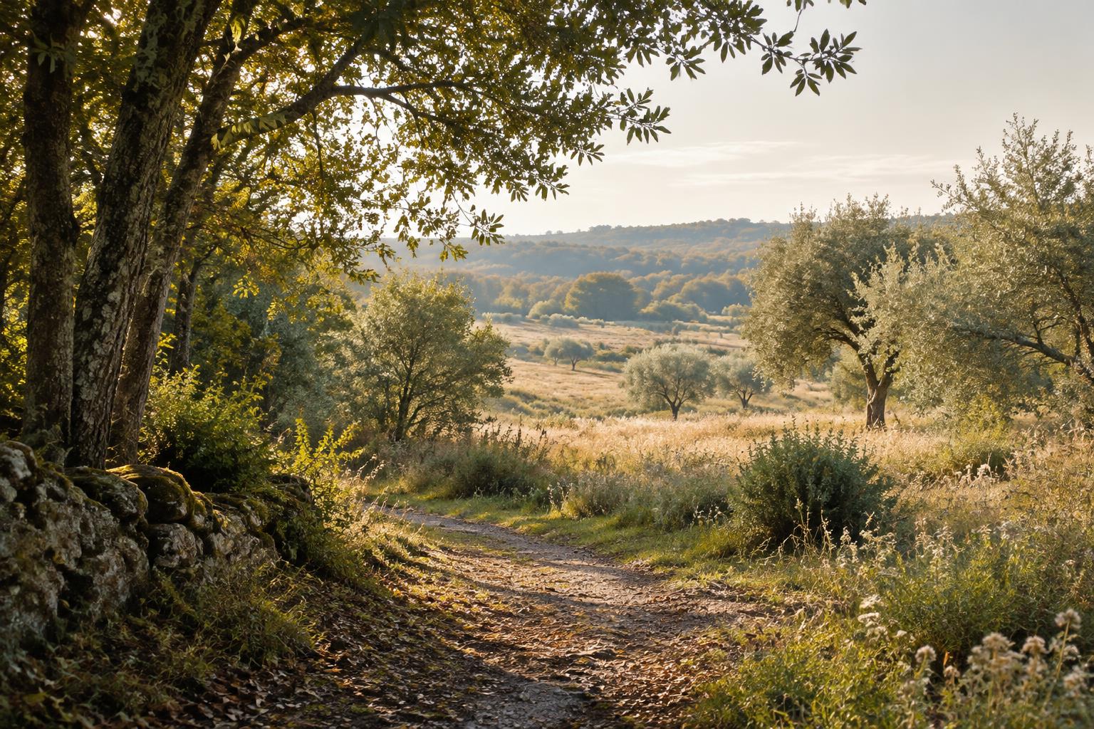 A woodland path opening into a sunlit meadow