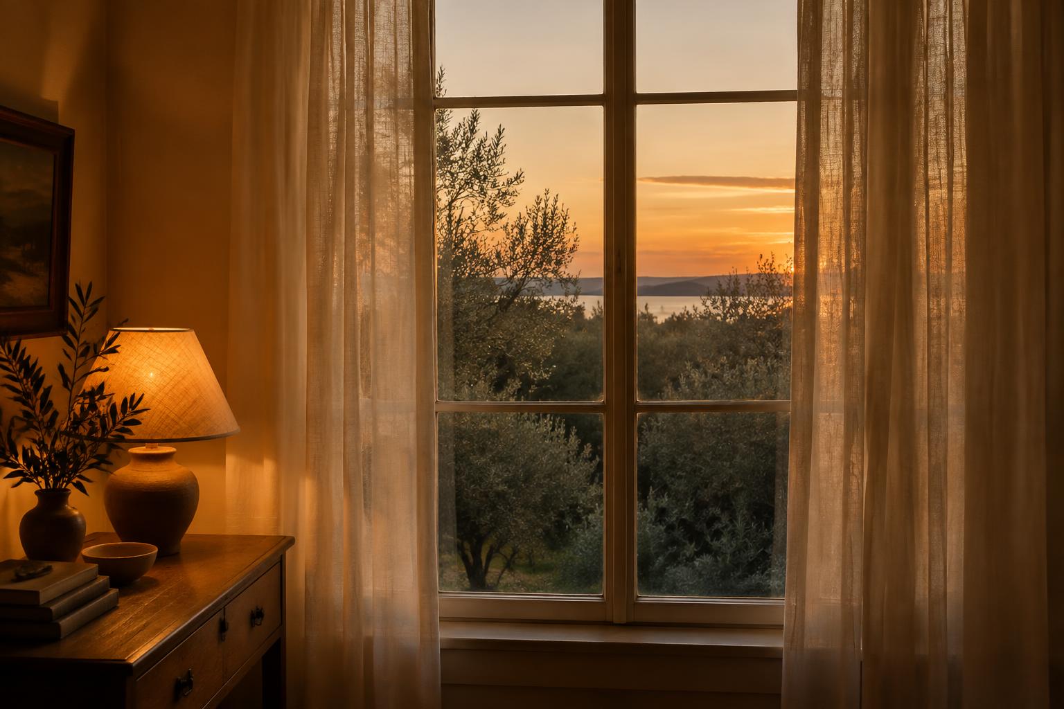 Warm reading lamp beside cream curtains at a dusk window