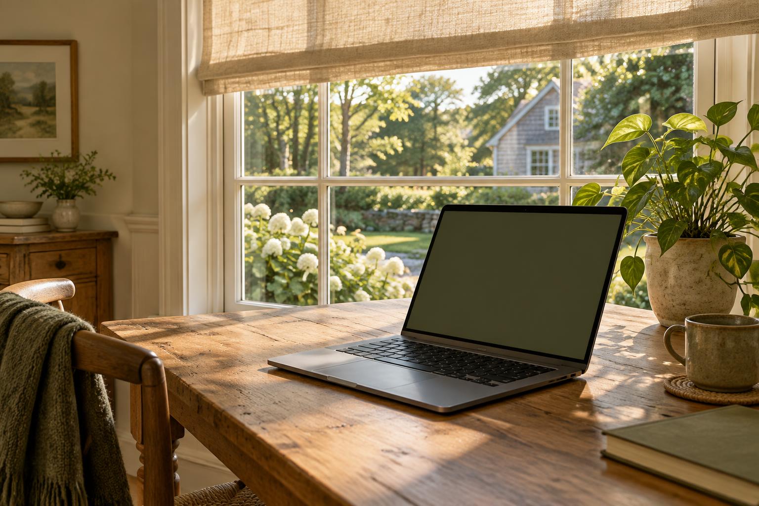 Laptop on a sunlit table beside a garden window