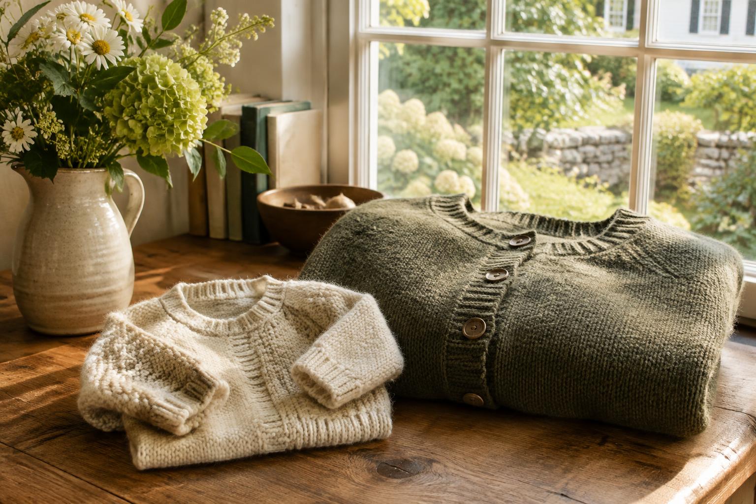 A small knitted baby sweater beside an adult cardigan near a window