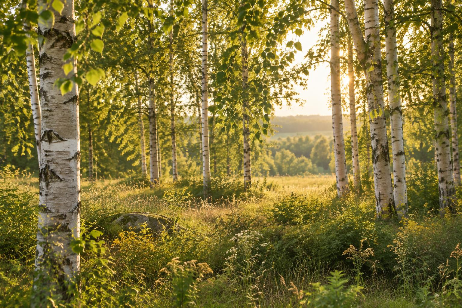 Sunlight among pale birch trunks