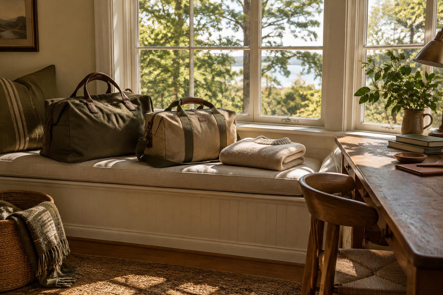 Canvas travel bags beside a sunny window