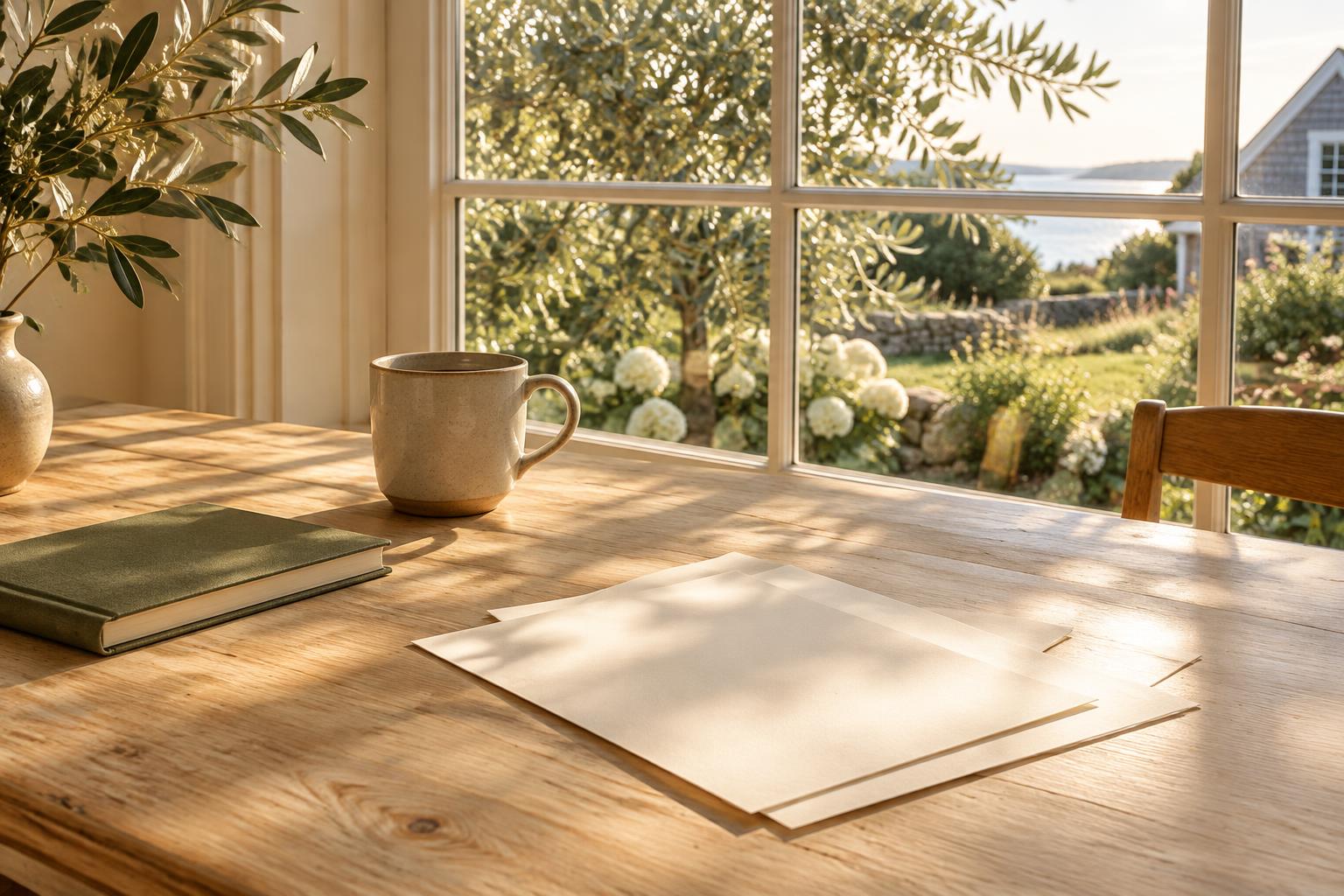 Blank papers and a notebook on a wooden table