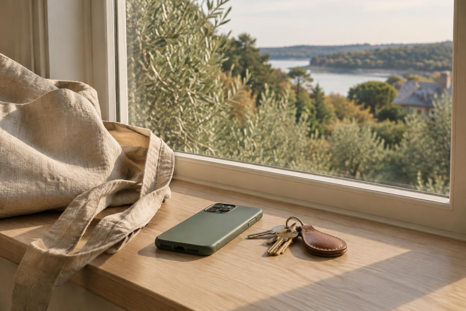 A phone face down beside keys and a linen bag on a windowsill