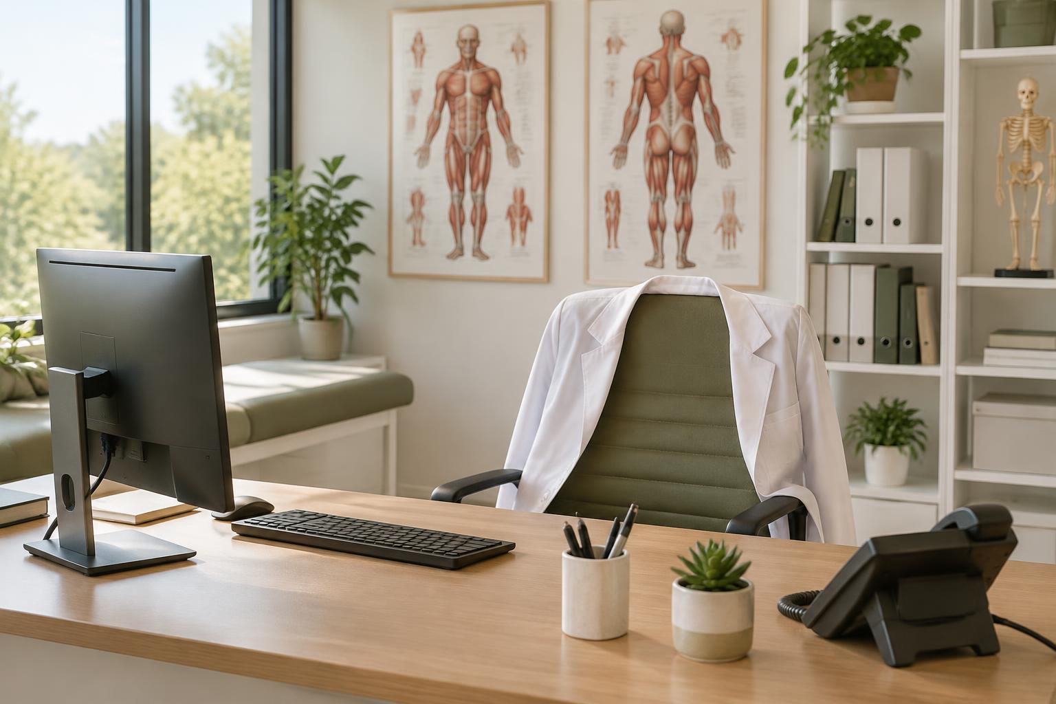 An illustrative clinician's office with a white coat over a desk chair, anatomy charts and a computer